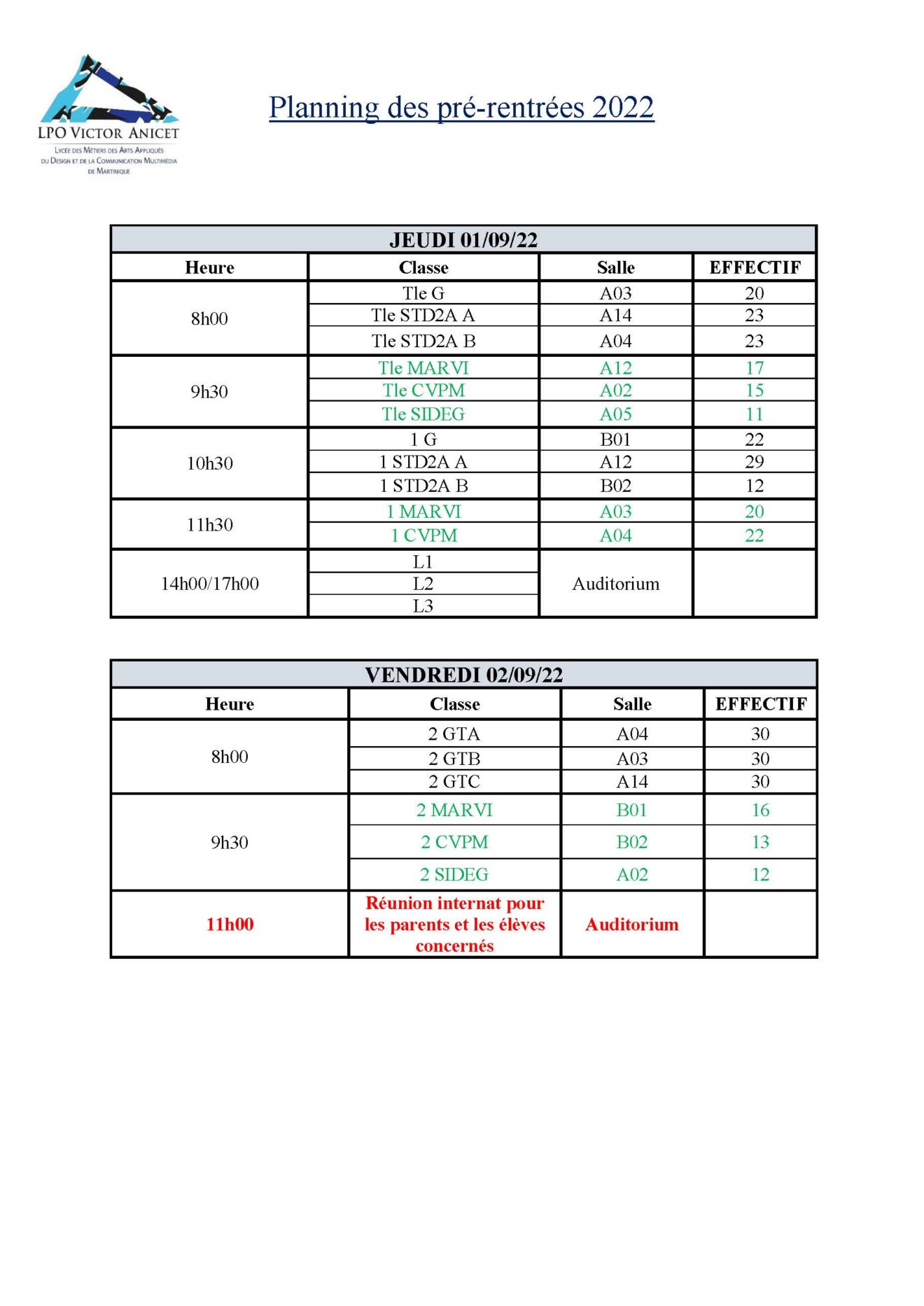 Planning prérentrée LPO Victor Anicet